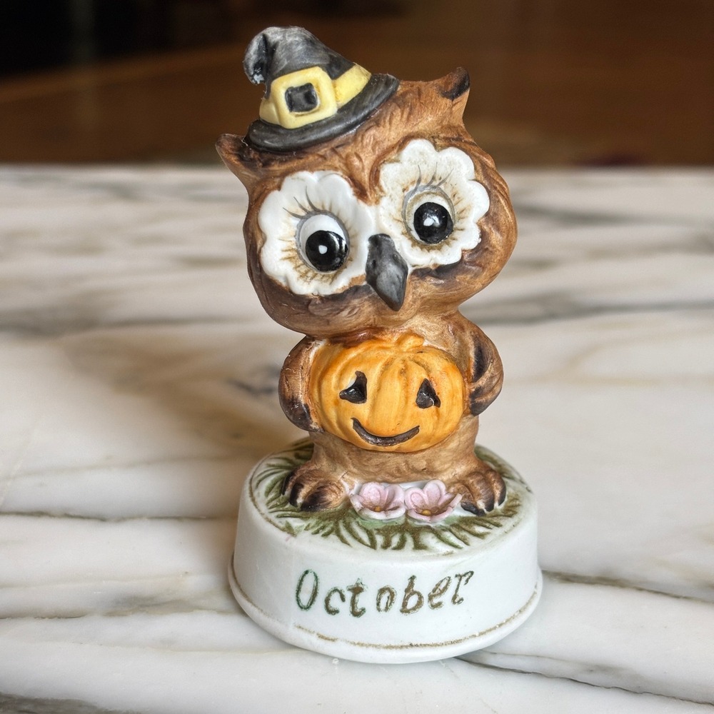 Vintage October Owl Halloween Witch Hat Pumpkin Ceramic Figurine
